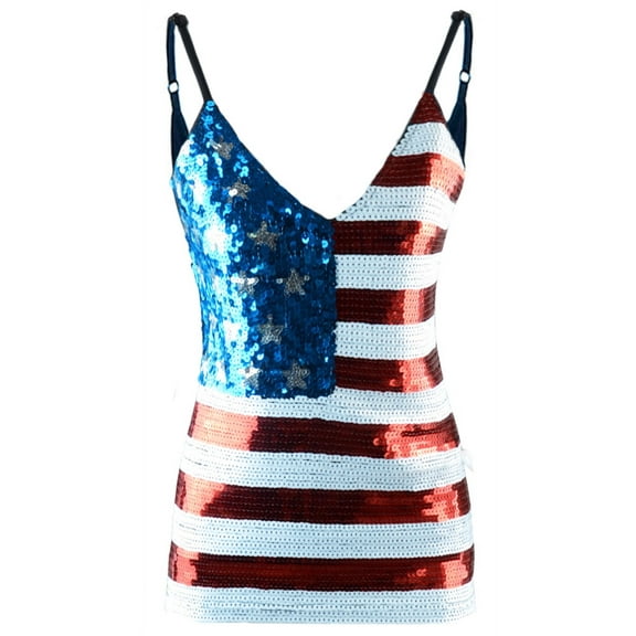 Anna-Kaci Fashion Womens USA Flag Patriotic Sequin V-Neck Racer Tank Tops