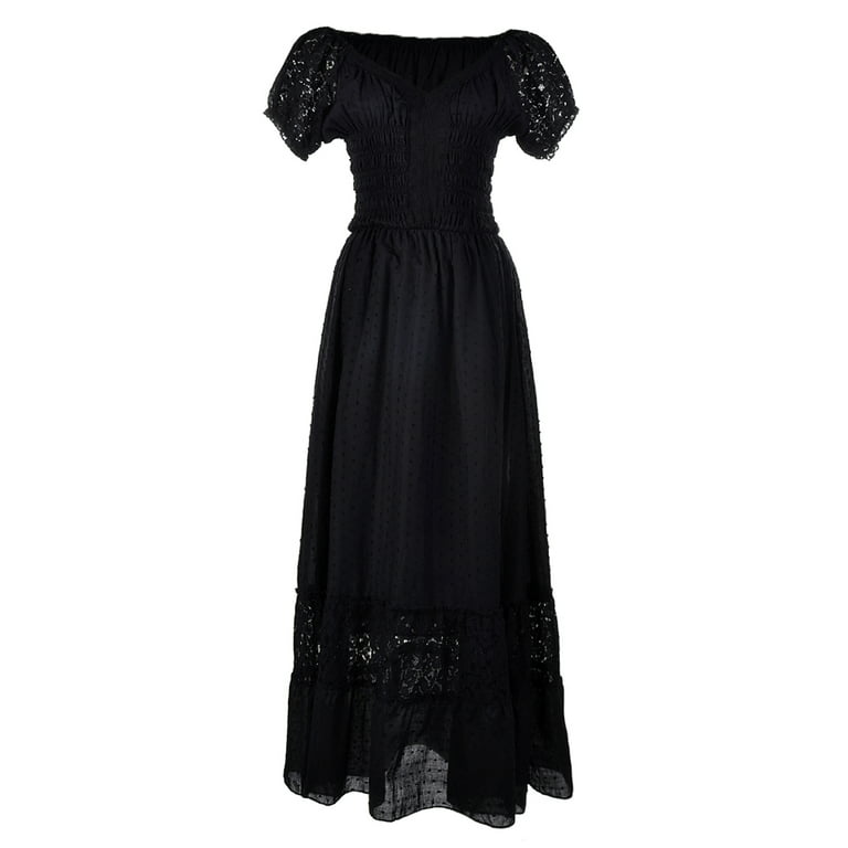 Anna-Kaci Peasant Maiden Boho Inspired Cap Sleeve Lace Trim Maxi Dress,  Black 