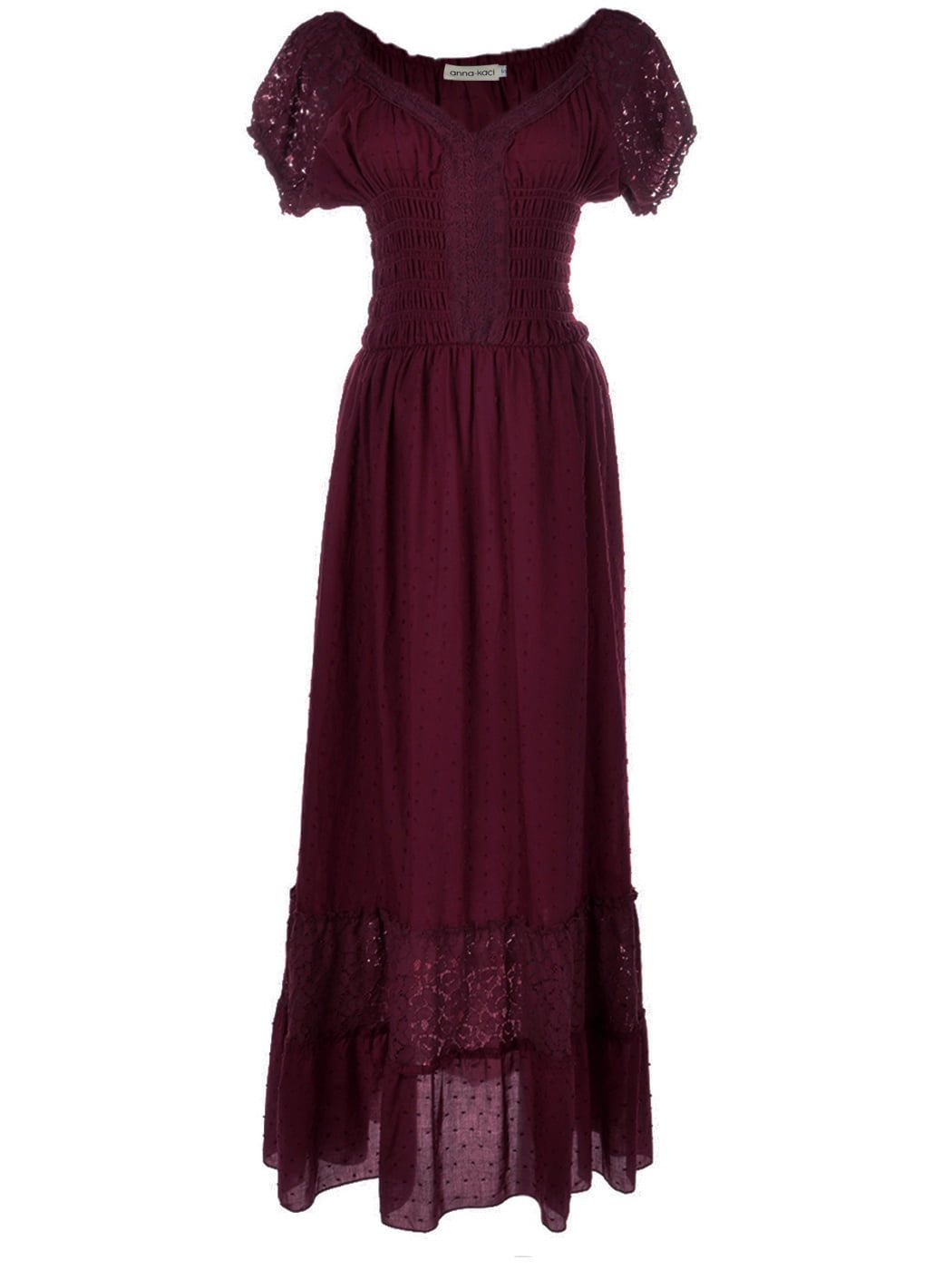 Anna-Kaci Plus Size Renaissance Peasant Medieval Maiden Boho Inspired short Sleeve Lace Flower Trim Dress
