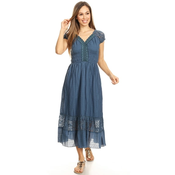 Anna-Kaci Summer Women Renaissance Peasant Maiden Boho Inspired Cap Sleeve Lace Trim Dress