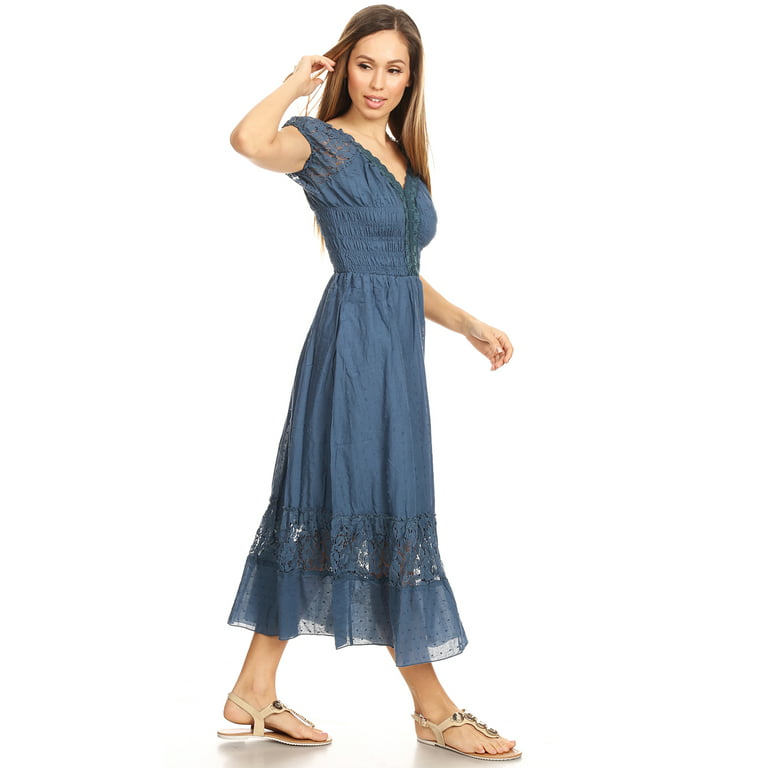 Anna-Kaci Summer Women Renaissance Peasant Maiden Boho Inspired Cap Sleeve  Lace Trim Dress 