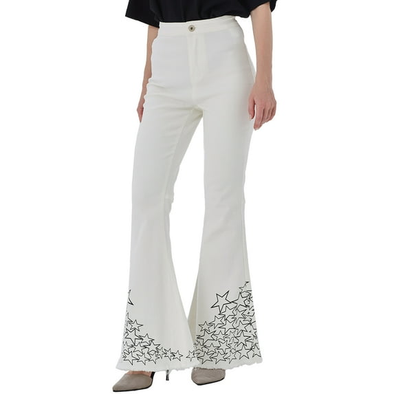 Anna-Kaci Women's Retro Flared Jeans High Waist Star Printed Long Denim Bell Bottom Jeans, Off White, Small