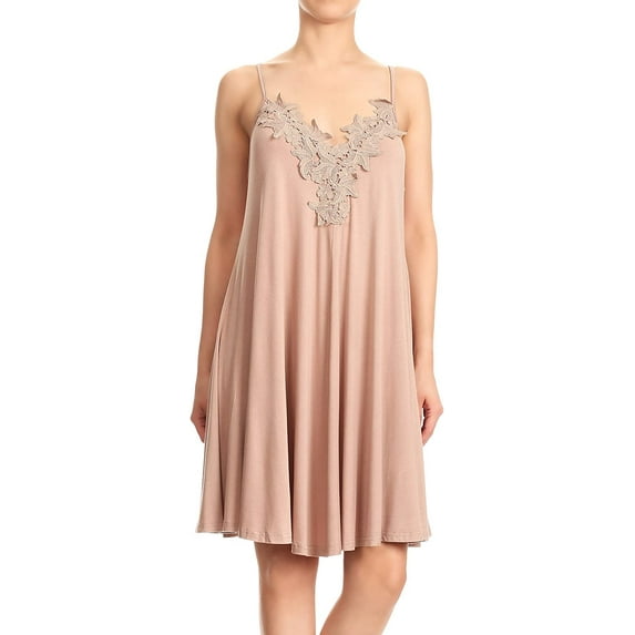 Anna-Kaci Womens Lace Flowy Embroidery Loose Applique Adjustable Spaghetti Strap Mini Dress Small Beige