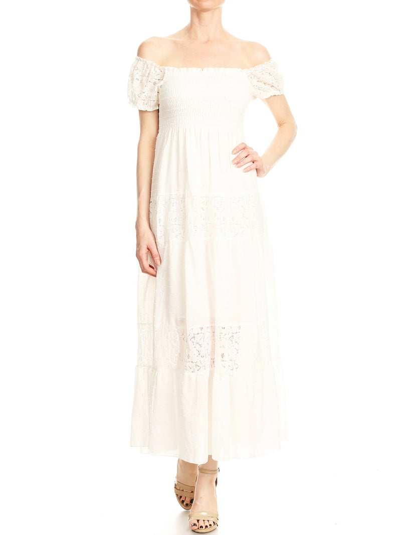 Anna-Kaci Womens Off Shoulder Boho Lace Semi Sheer Smocked Party Maxi Long  Dress - Walmart.com
