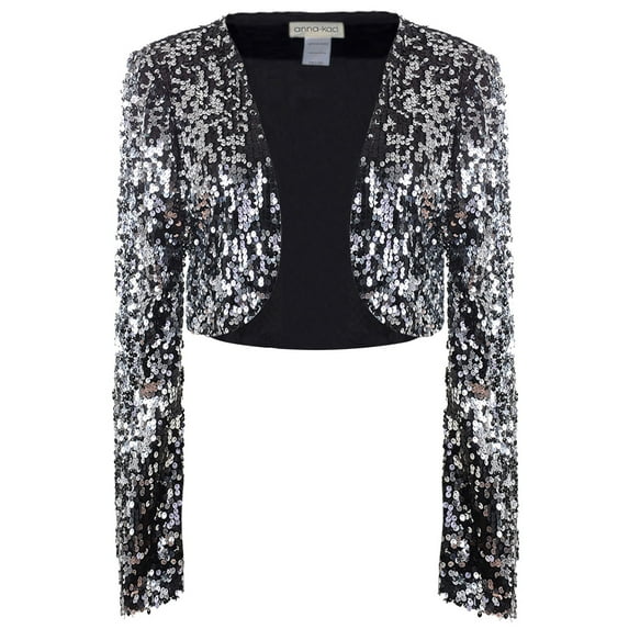 Anna-Kaci Womens Shiny Sequin Long Sleeve Glitter Cropped Blazer Bolero Shrug, Mermaid, Large