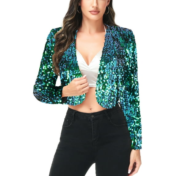 Anna-Kaci Womens Shiny Sequin Long Sleeve Glitter Cropped Blazer Bolero Shrug, Mermaid, Large