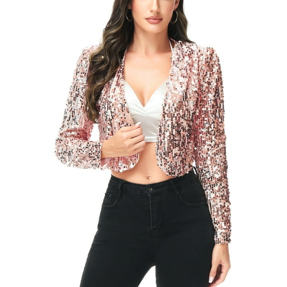 Anna-Kaci Womens Shiny Sequin Long Sleeve Glitter Cropped Blazer Bolero Shrug, Mermaid, Large