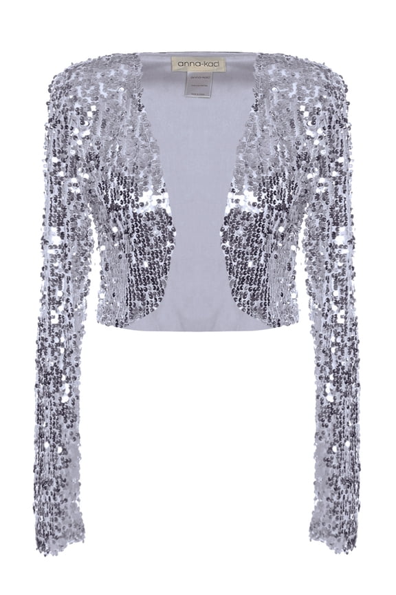 Womens Shiny Sequin Long Sleeve Glitter Cropped Blazer Bolero Shrug, Mermaid, Large