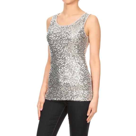 Anna-Kaci Womens Sparkle & Shine Glitter Sequin Embellished Sleeveless Round Neck Tank Top