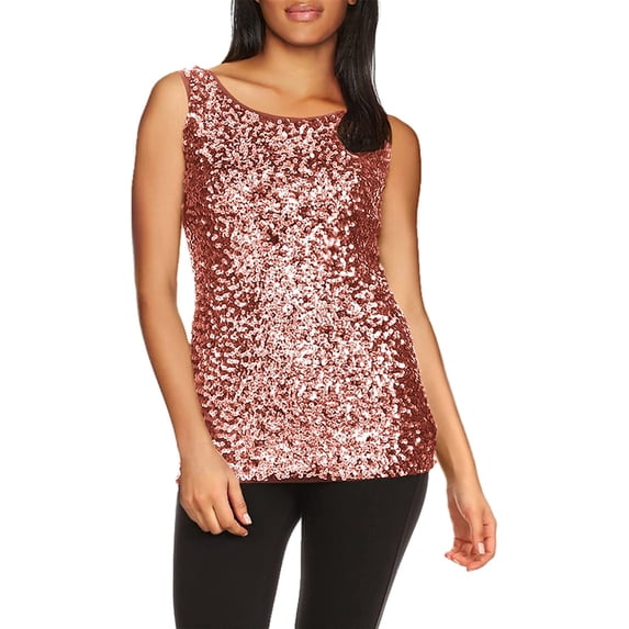 Anna-Kaci Womens Sparkle & Shine Glitter Sequin Embellished Sleeveless Round Neck Tank Top X-Large Rose Gold