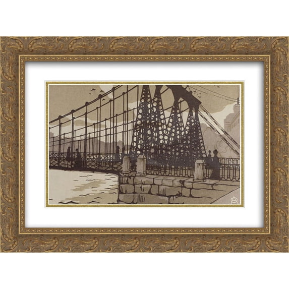 Anna Ostroumova 2x Matted 24x18 Gold Ornate Framed Art Print 'Chain Bridge in St. Petersburg'