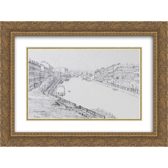 Anna Ostroumova 2x Matted 24x20 Gold Ornate Framed Art Print 'Fontanka'