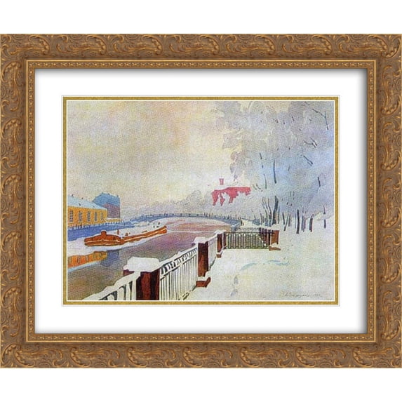 Anna Ostroumova 2x Matted 24x20 Gold Ornate Framed Art Print 'Leningrad. Fontanka and the Summer Garden in frost.'