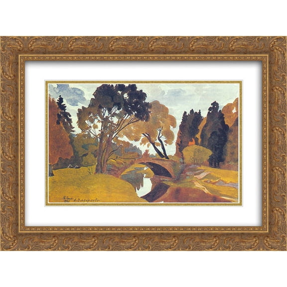 Anna Ostroumova Lebedeva 2x Matted 24x20 Gold Ornate Framed Art Print 'Pavlovsk. Novosilviysky bridge.'
