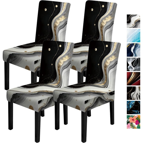 Anna QUUEN Black White Gold Marble Print Dining Chair Covers Set of 4,Stretch Fit Washable Elastic Slipcovers,Waterproof Furniture Protector for Kitchen Dining Room Chairs
