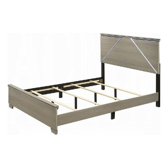 Anna Queen Bed- Panel Headboard with LED- Weathered Gray Wood- Modern Style