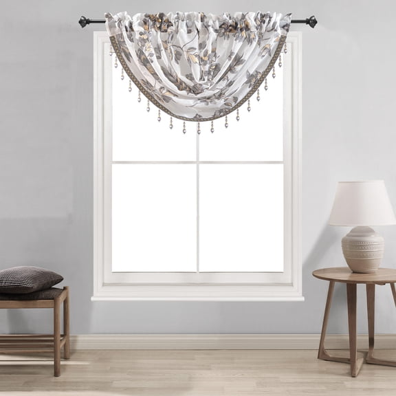 Anna Sheer Metallic Floral Rod Pocket Waterfall Valance, Grey, 48x37 Inches