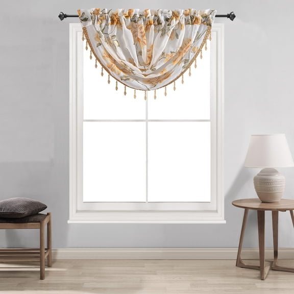 Anna Sheer Metallic Floral Rod Pocket Waterfall Valance, Yellow, 48x37 Inches