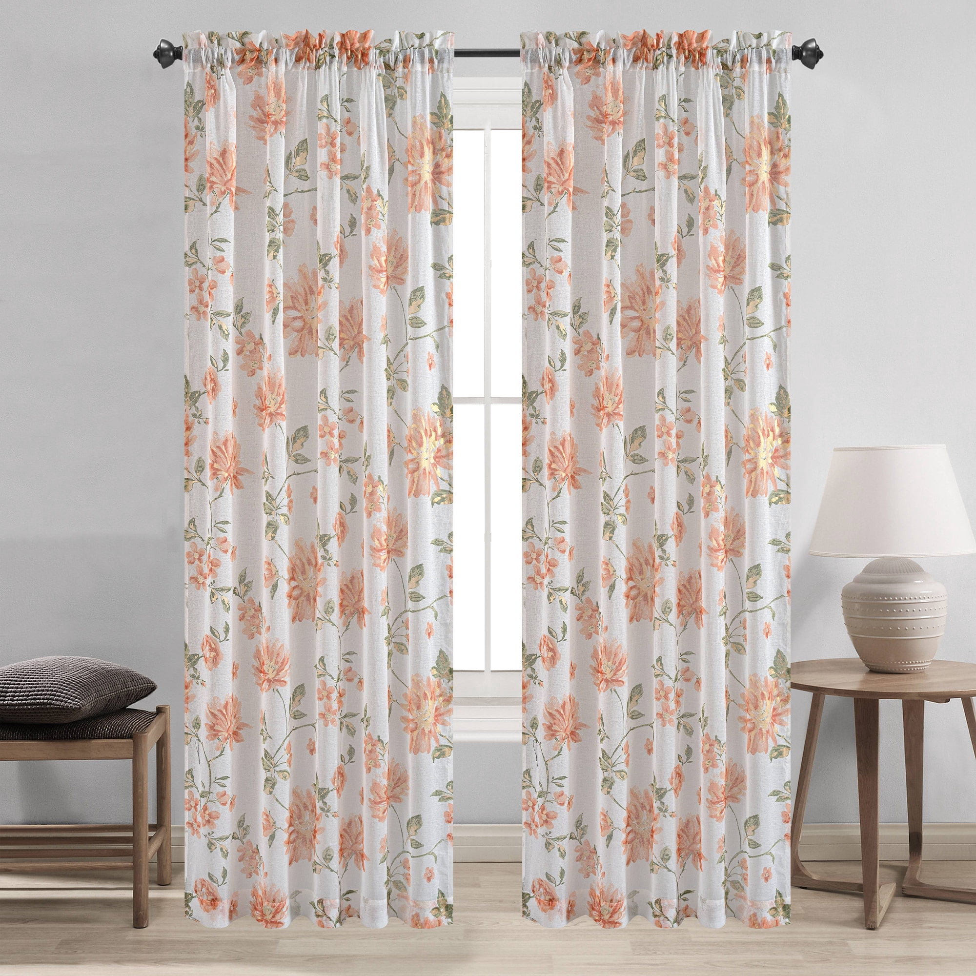 Anna Sheer Metallic Floral Rod Pocket Window Panel, Orange, 54x84 ...