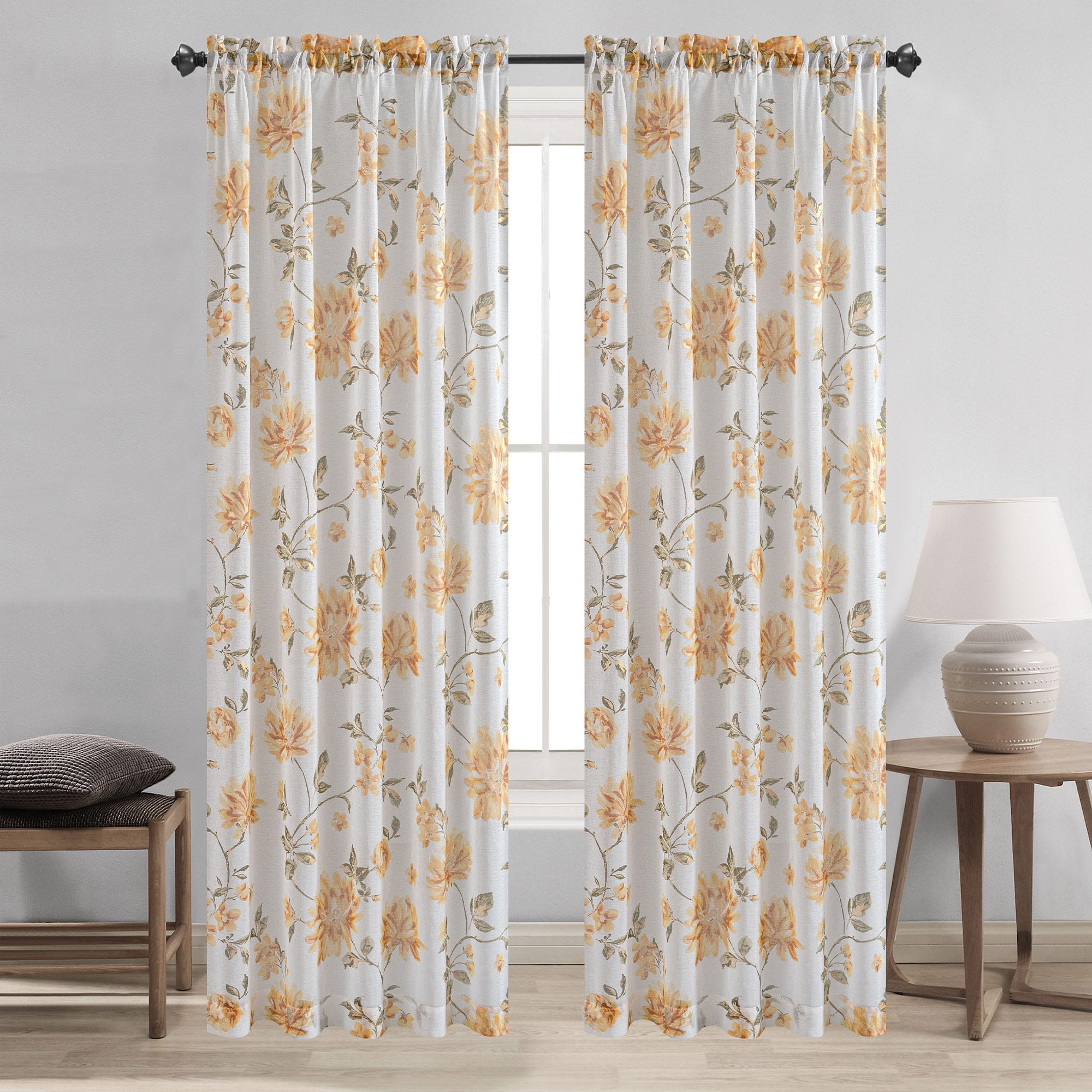 Anna Yellow Sheer Floral Rod Pocket Window Panel, 54x84 Inches