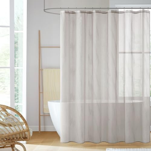 Anna Sheers Shower Curtain, Textured Striped Accent Design, Modern Mid-Century Bathroom Decor, Machine Washable, Fabric Privacy Screen 72x72, Grey