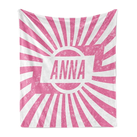 Anna Soft Flannel Fleece Throw Blanket, Retro Style Girls Name Design with Striped Backdrop and Grunge Appearance, Cozy Plush for Indoor and Outdoor Use, 60" x 80", Pale Pink and White, by Ambesonne