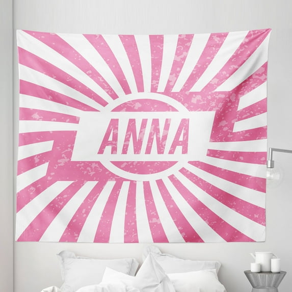 Anna Tapestry, Retro Style Girls Name Design with Striped Backdrop and Grunge Appearance, Fabric Wall Hanging Decor for Bedroom Living Room Dorm, 5 Sizes, Pale Pink and White, by Ambesonne