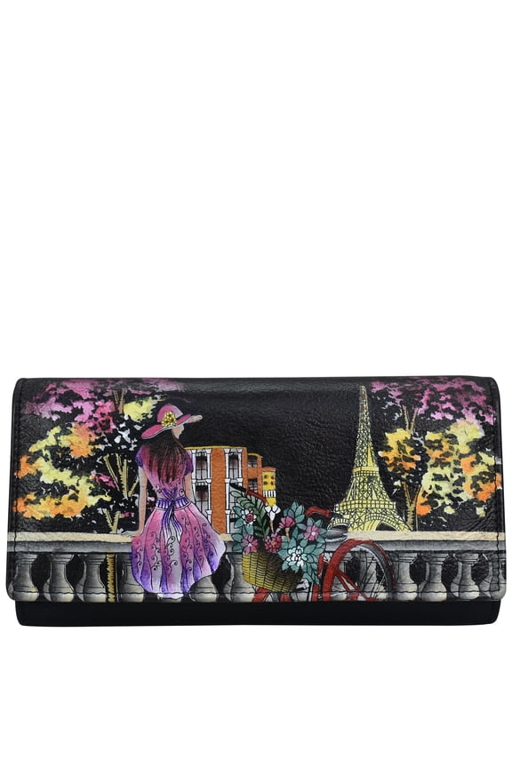 Hand Painted Womens Genuine Leather- Three Fold Organizer Wallet-Paris At Night A101
