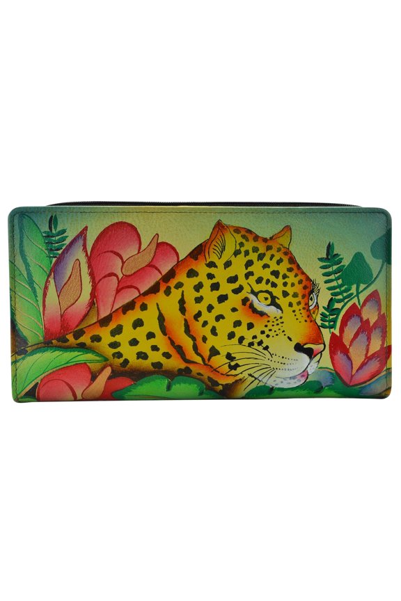 Hand Painted Womens Genuine Leather Two Fold Wallet - Jungle Leopard Y101