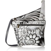 Anna by Anuschka Handpainted Women's Genuine Leather Asymmetric Slim Crossbody Bag with Zippered Pockets - Patchwork Pewter