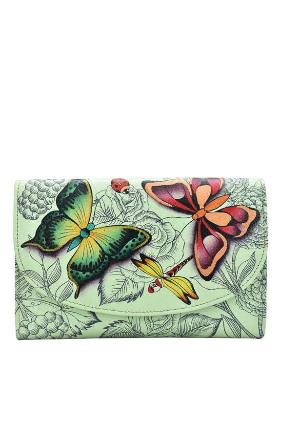 Women's Geniune Leather Hand Painted Large Three Fold Checkbook Clutch Wallet - Dreamy Wings Sage A101
