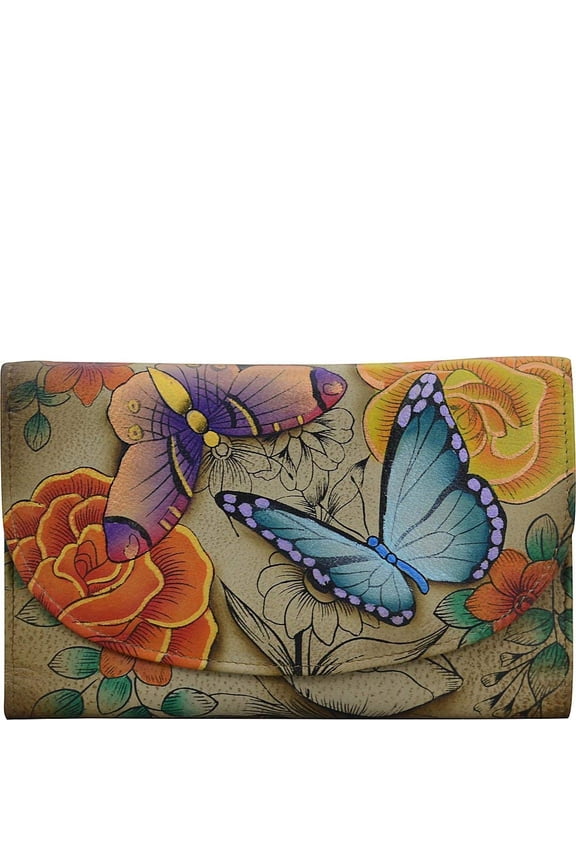 Women's Geniune Leather Hand Painted Large Three Fold Checkbook Clutch Wallet - Floral Paradise Tan A101