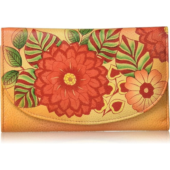 Anna by Anuschka Women's Geniune Leather Hand Painted Large Three Fold Checkbook Clutch Wallet - Summer Bloom