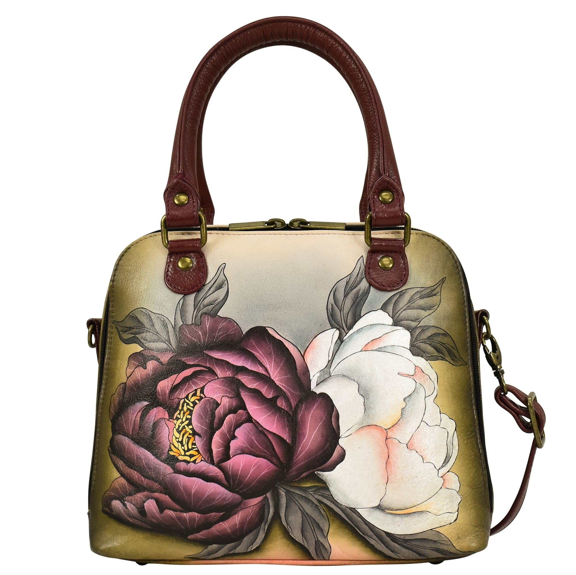 Anna by Anuschka Women s Hand Painted Genuine Leather Double Zip Organizer Satchel Floral Grace