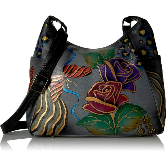 Anna by Anuschka Women’s Hand Painted Genuine Leather Large Multi Pocket Hobo - Rose Safari Grey