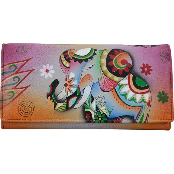 Anna by Anuschka Women's Hand Painted Genuine Leather Multi Pocket Wallet - Retro Elephant