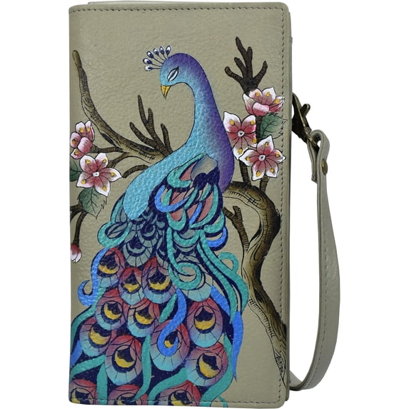 Anna by Anuschka Women's Hand-Painted Genuine Leather Phone Wallet Organizer Crossbody - Peacock Bliss Taupe
