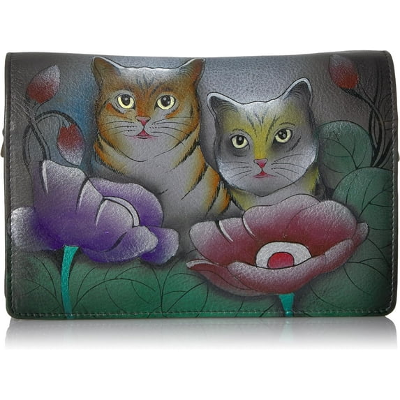 Anna by Anuschka Women’s Hand-Painted Genuine Leather Two Fold Wallet On a String - Two Cats Grey