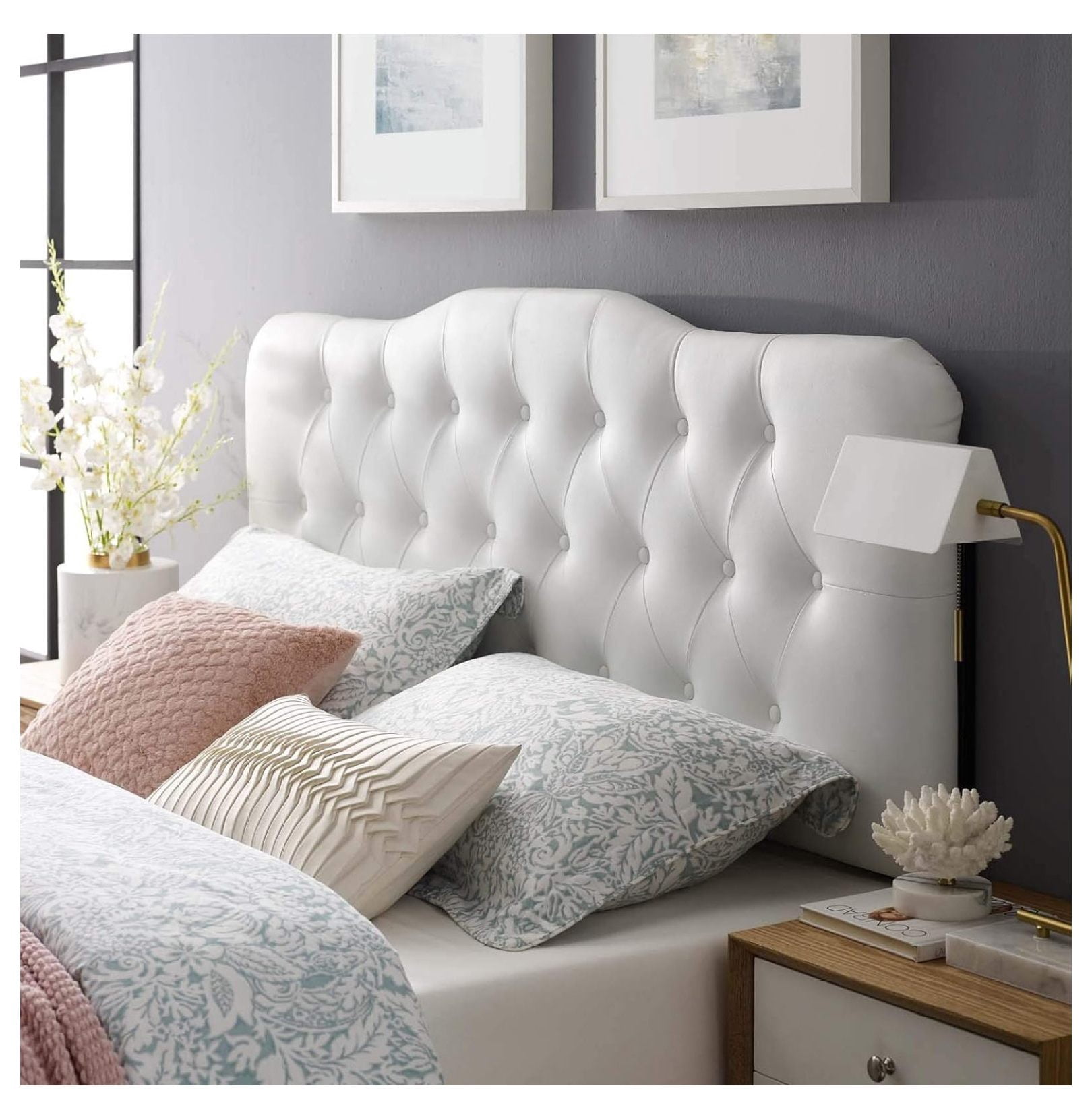 Annabel Tufted Button Faux Leather Upholstered Queen Headboard in White