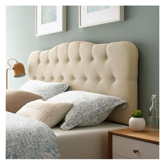 Annabel Tufted Button Linen Fabric Upholstered Queen Headboard in Beige