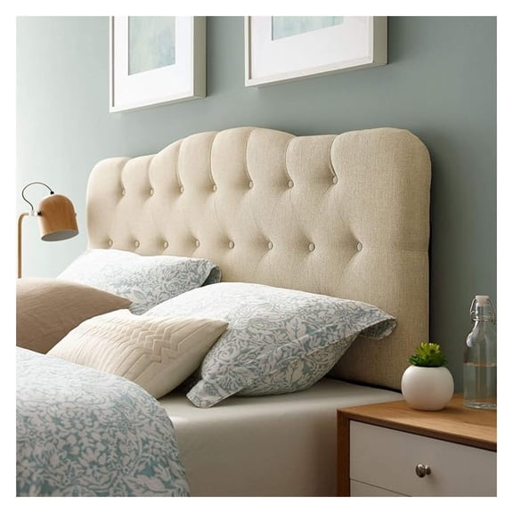 Annabel Tufted Button Linen Fabric Upholstered Queen Headboard in Beige