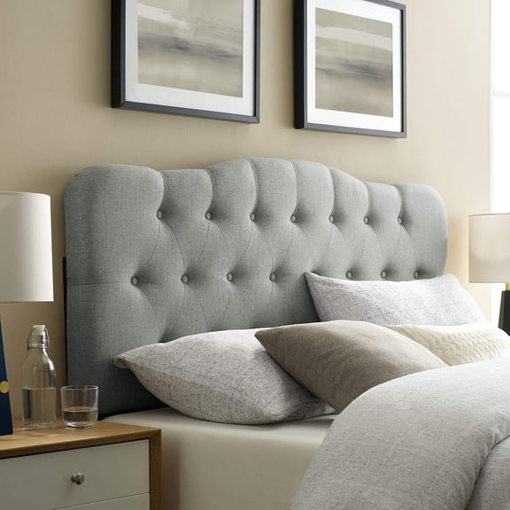 Annabel Tufted Button Linen Fabric Upholstered Queen Headboard in Gray