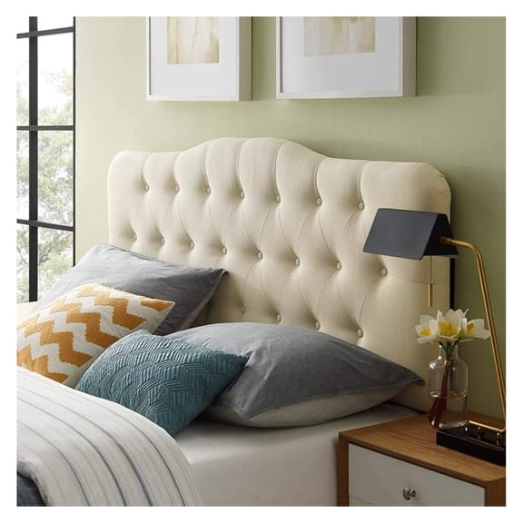 Annabel Tufted Button Linen Fabric Upholstered Queen Headboard in