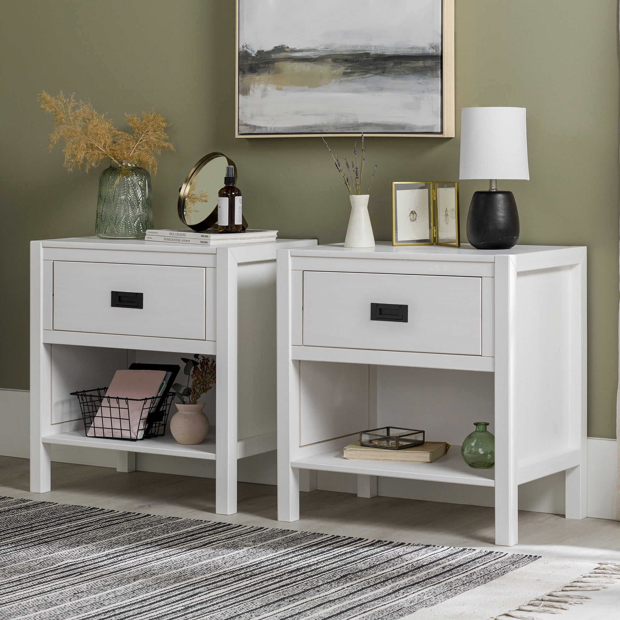 Annabelle 2 Pack One Drawer Open Storage White Nightstands by Walker Edison