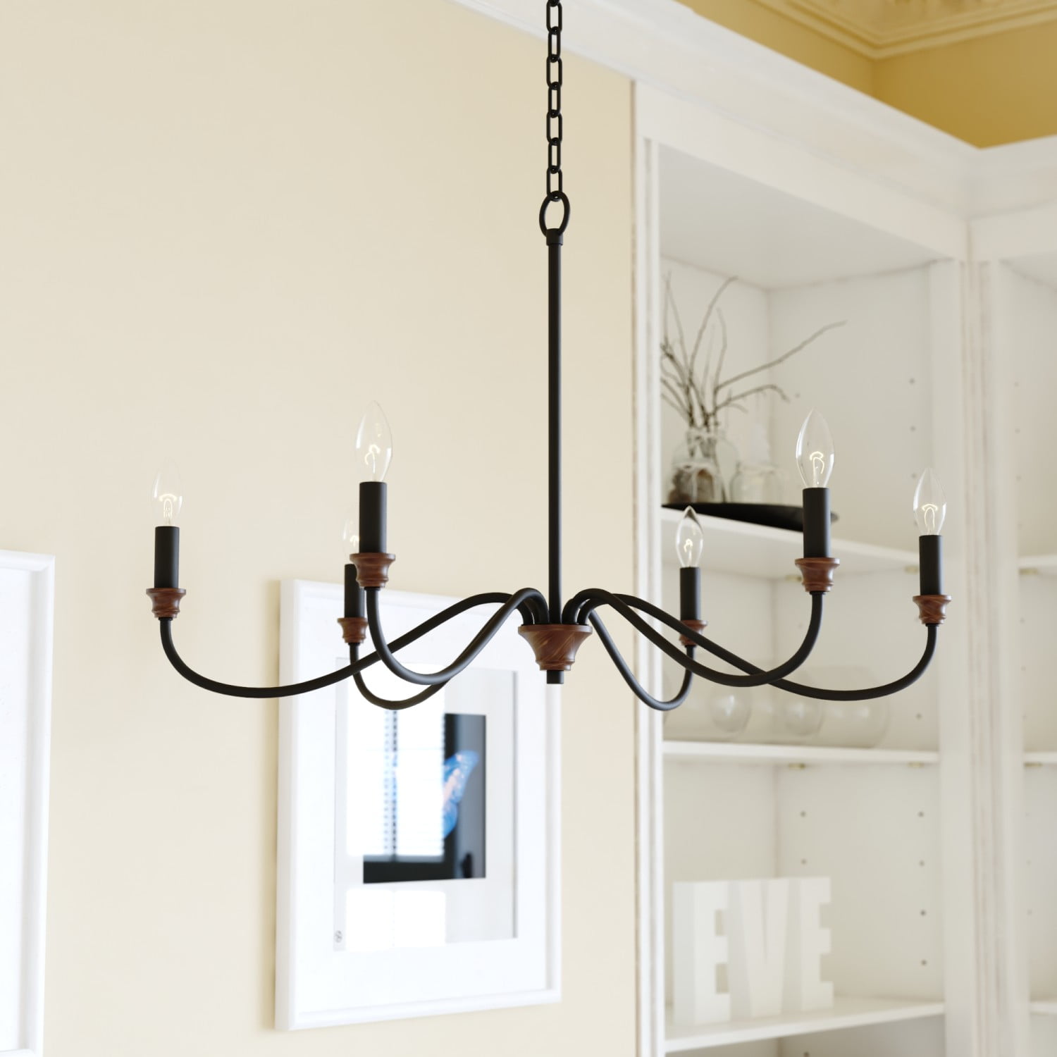 Annabelle 30" Matte Black & Brushed Walnut 6-Light Chandelier