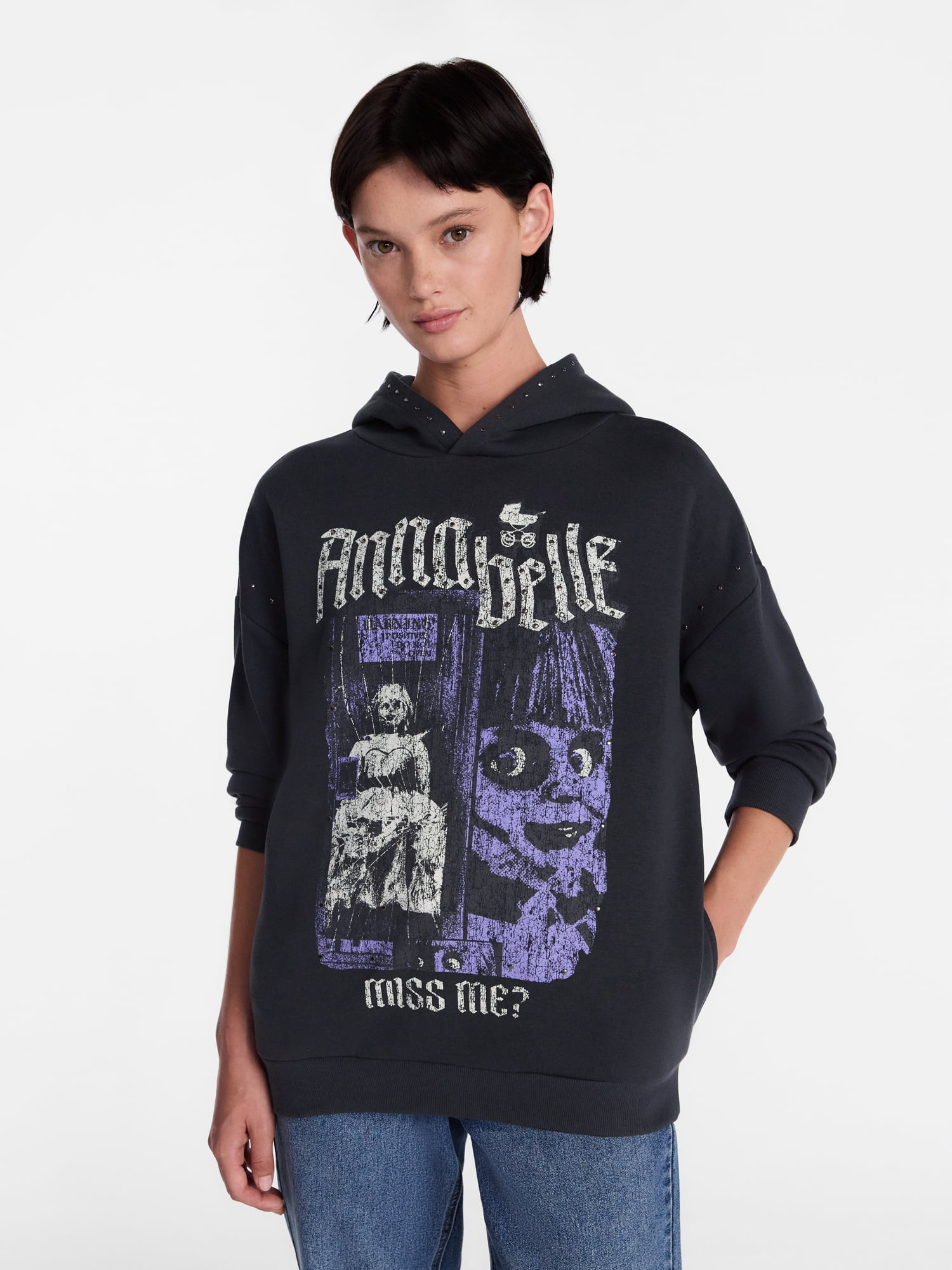 Anabelle Women's Halloween Studded Graphic Hoodie Sweatshirt, Sizes XXS-XXL