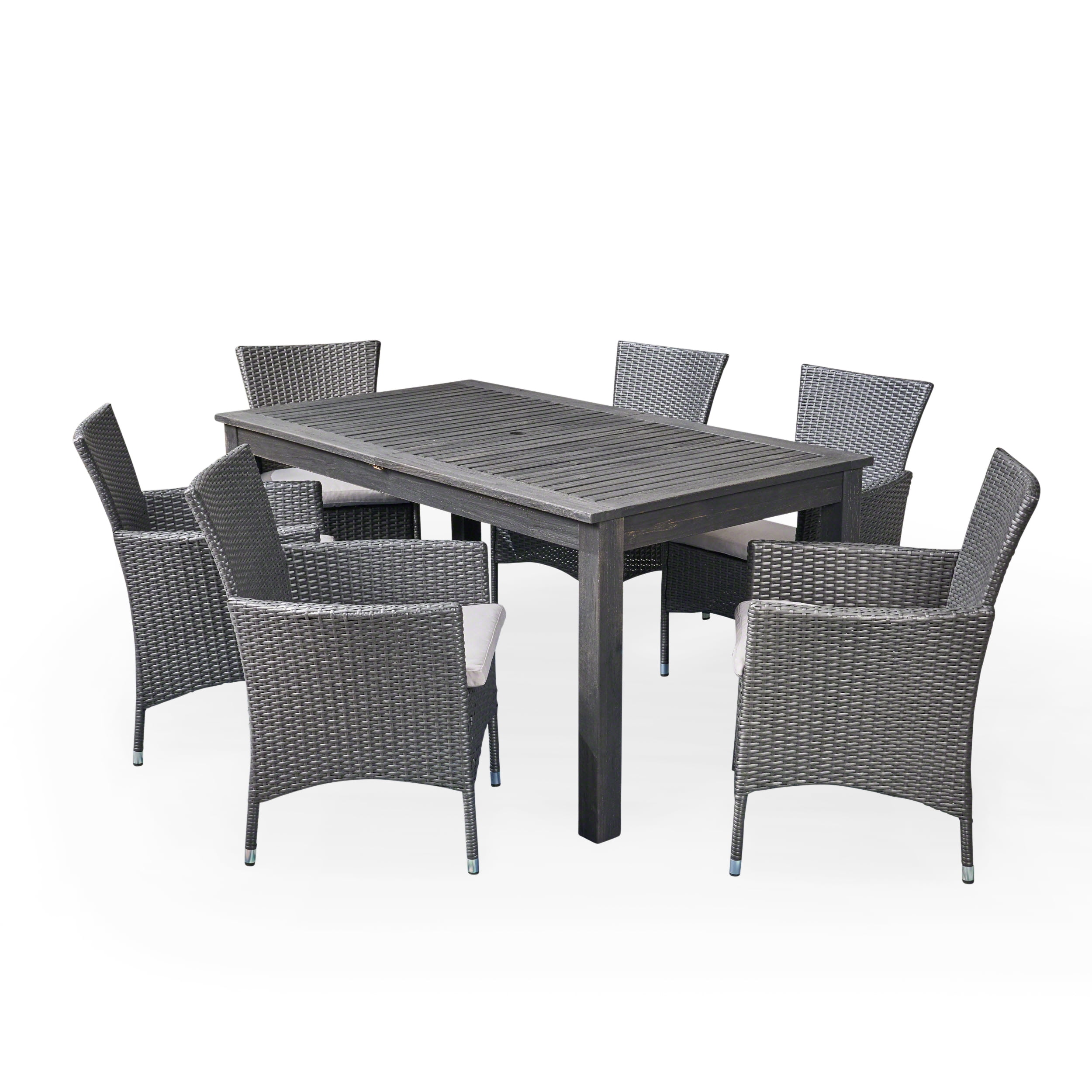 Annalise Outdoor 7 Piece Acacia Wood and Wicker Expandable Dining Set with Cushions, Sandblast Dark Gray, Gray, Silver