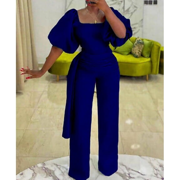 Annalise Puff Sleeve Flared Jumpsuit Purple| Blue