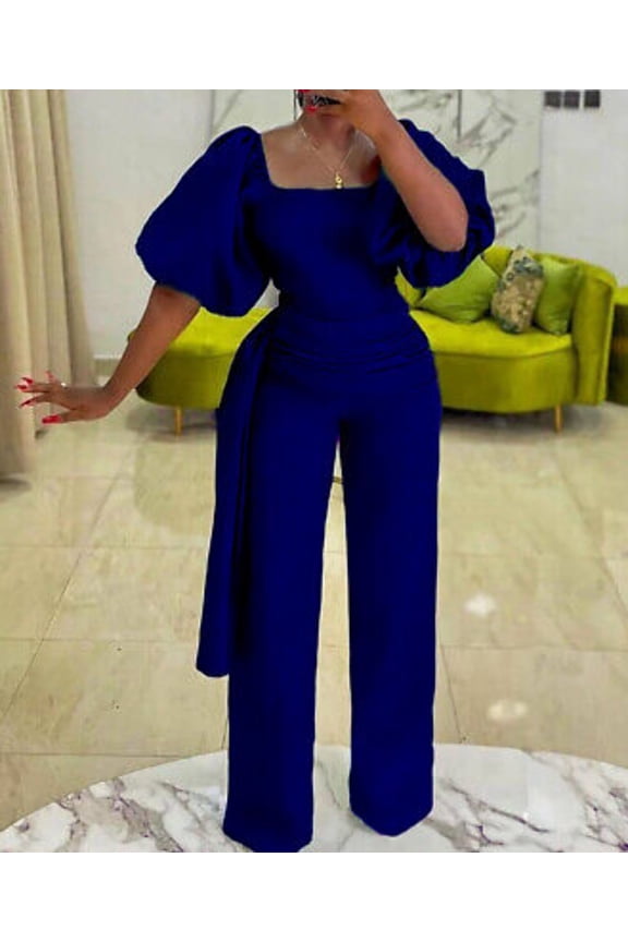 Annalise Puff Sleeve Flared Jumpsuit Purple| Blue