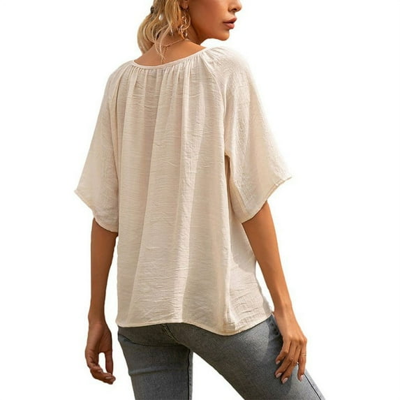 Women Short Sleeve Casual Loose Blouse Summer Button T-Shirt Tops Tee Solid Color Tops
